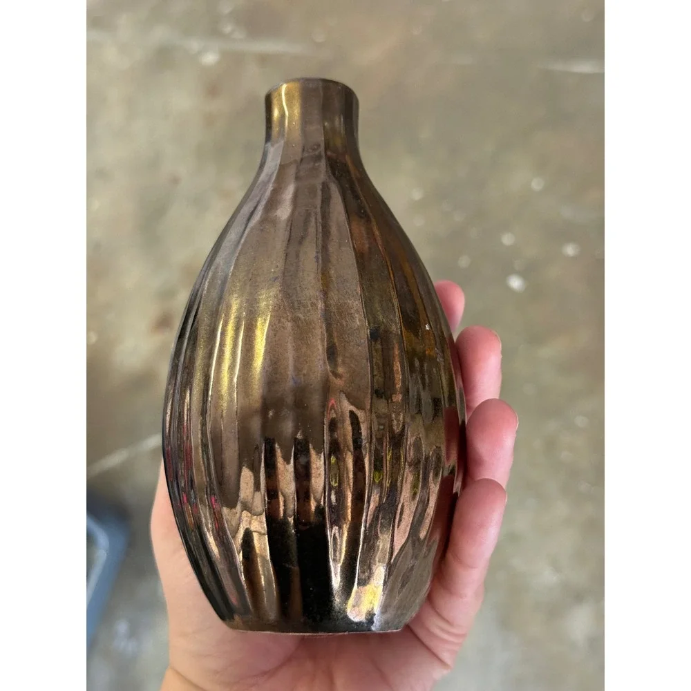West Elm Metallic Bronze Ribbed Bud Vase Ceramic Modern Home Decor Accent